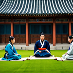**Prompt:** A group of young Hwarang warriors from ancient Silla, including Mu Myeong, Sam Maek Jong, Su Ho, Ban Ryu, and Han Seong, gathered in a serene training courtyard. They are dressed in fully clothed, modest, traditional Silla training robes, exhibiting appropriate attire for their time period. The setting features traditional Korean architecture with intricate wooden details and lush, green foliage. The warriors are engaged in a calm discussion or studying ancient scrolls, showcasing camaraderie and focus. Each figure has perfect anatomy, correct proportions, and natural poses. The image is a professional photograph, highly detailed, with cinematic lighting and a warm, inviting atmosphere. Safe for work, appropriate content, family-friendly. Well-formed hands, proper finger count, natural body proportions.