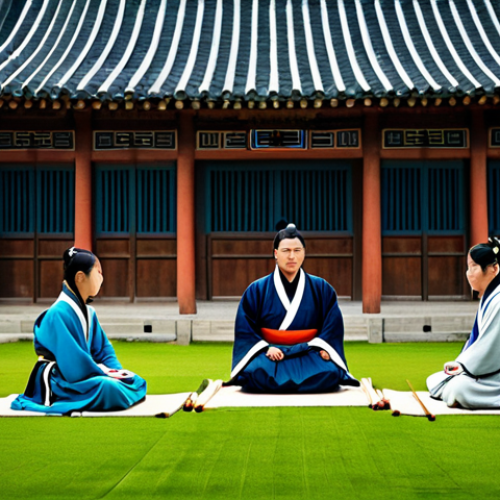 Home 22 **Prompt:** A group of young Hwarang warriors from ancient Silla, including Mu Myeong, Sam Maek Jong, Su Ho, Ban Ryu, and Han Seong, gathered in a serene training courtyard. They are dressed in fully clothed, modest, traditional Silla training robes, exhibiting appropriate attire for their time period. The setting features traditional Korean architecture with intricate wooden details and lush, green foliage. The warriors are engaged in a calm discussion or studying ancient scrolls, showcasing camaraderie and focus. Each figure has perfect anatomy, correct proportions, and natural poses. The image is a professional photograph, highly detailed, with cinematic lighting and a warm, inviting atmosphere. Safe for work, appropriate content, family-friendly. Well-formed hands, proper finger count, natural body proportions.