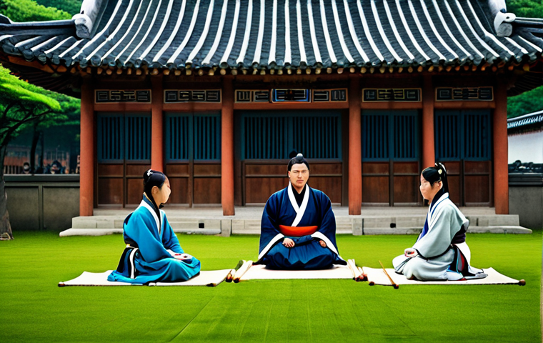 **Prompt:** A group of young Hwarang warriors from ancient Silla, including Mu Myeong, Sam Maek Jong, Su Ho, Ban Ryu, and Han Seong, gathered in a serene training courtyard. They are dressed in fully clothed, modest, traditional Silla training robes, exhibiting appropriate attire for their time period. The setting features traditional Korean architecture with intricate wooden details and lush, green foliage. The warriors are engaged in a calm discussion or studying ancient scrolls, showcasing camaraderie and focus. Each figure has perfect anatomy, correct proportions, and natural poses. The image is a professional photograph, highly detailed, with cinematic lighting and a warm, inviting atmosphere. Safe for work, appropriate content, family-friendly. Well-formed hands, proper finger count, natural body proportions.