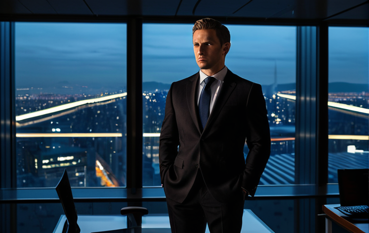 A professional, well-dressed man in a dark, tailored business suit stands in a sleek, modern, dimly lit office. His expression is subtly unsettling, conveying a sense of cold calculation and hidden depths. The minimalist environment features a large, reflective glass desk and a panoramic city view at night, emphasizing his controlled and isolated demeanor. The scene is captured with cinematic lighting and a slightly low-angle shot to enhance his presence. Perfect anatomy, correct proportions, natural pose, well-formed hands, proper finger count. Fully clothed, modest clothing, appropriate attire, professional dress, safe for work, appropriate content, professional.