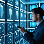 A professional data analyst, fully clothed in a sleek, modest futuristic business suit of muted tones, stands in a pristine, minimalist high-tech control room bathed in soft, cool blue light. Holographic interfaces display abstract data visualizations around them. The atmosphere is quiet, highly organized, reflecting a perfectly controlled environment with subtle integrated biometric scanners. Appropriate attire, safe for work, professional, family-friendly, perfect anatomy, correct proportions, natural pose, well-formed hands, proper finger count, natural body proportions, professional photography, high quality.