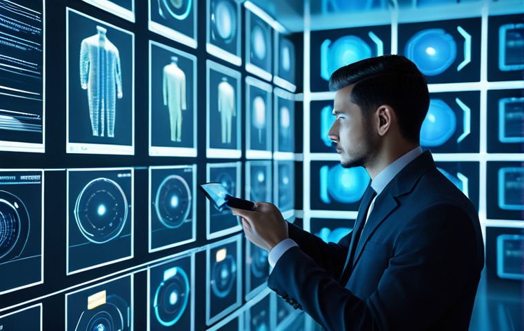 A professional data analyst, fully clothed in a sleek, modest futuristic business suit of muted tones, stands in a pristine, minimalist high-tech control room bathed in soft, cool blue light. Holographic interfaces display abstract data visualizations around them. The atmosphere is quiet, highly organized, reflecting a perfectly controlled environment with subtle integrated biometric scanners. Appropriate attire, safe for work, professional, family-friendly, perfect anatomy, correct proportions, natural pose, well-formed hands, proper finger count, natural body proportions, professional photography, high quality.
