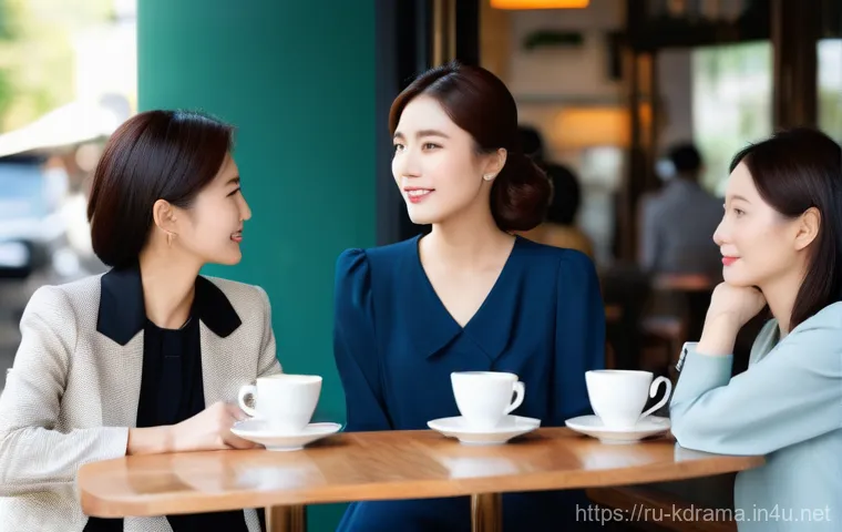 드라마  결혼작사 이혼작곡  결혼과 갈등의 리얼리티 - **Prompt:** A group of three elegant Korean women, aged between 38 and 45, are enjoying coffee at a ...