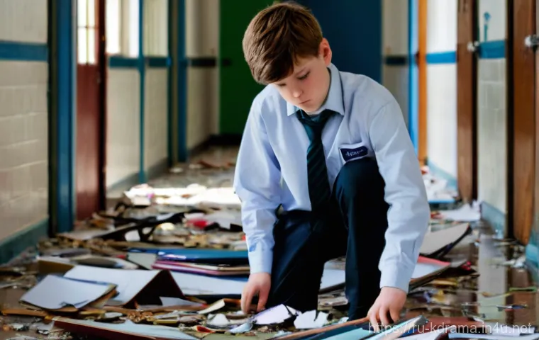 드라마  지금 우리 학교는  좀비물의 차별화 - **Prompt 1: The Echo of Bullying in Desolate School Halls**
    "A wide shot of a derelict high scho...
