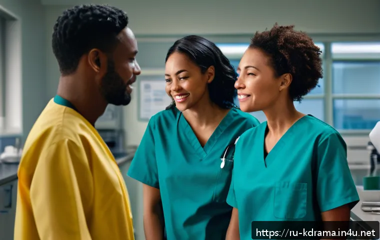드라마 닥터스 의학 드라마의 감동적 요소 - A group of diverse medical professionals in a modern hospital break room, sharing an emotional momen...